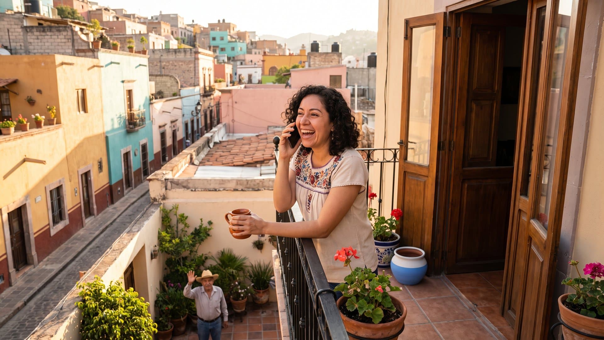Una mujer en su balcón, encantada con lo que escucha al teléfono