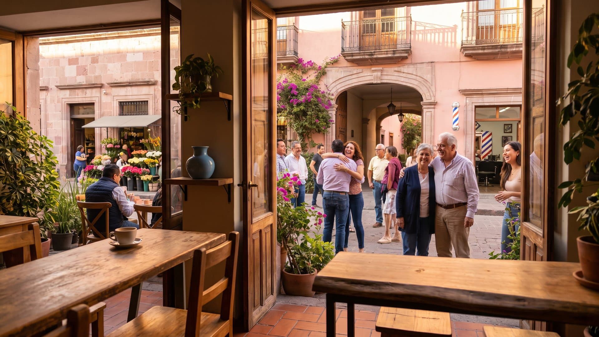Una calle mexicana de comercios de la colonia al atardecer