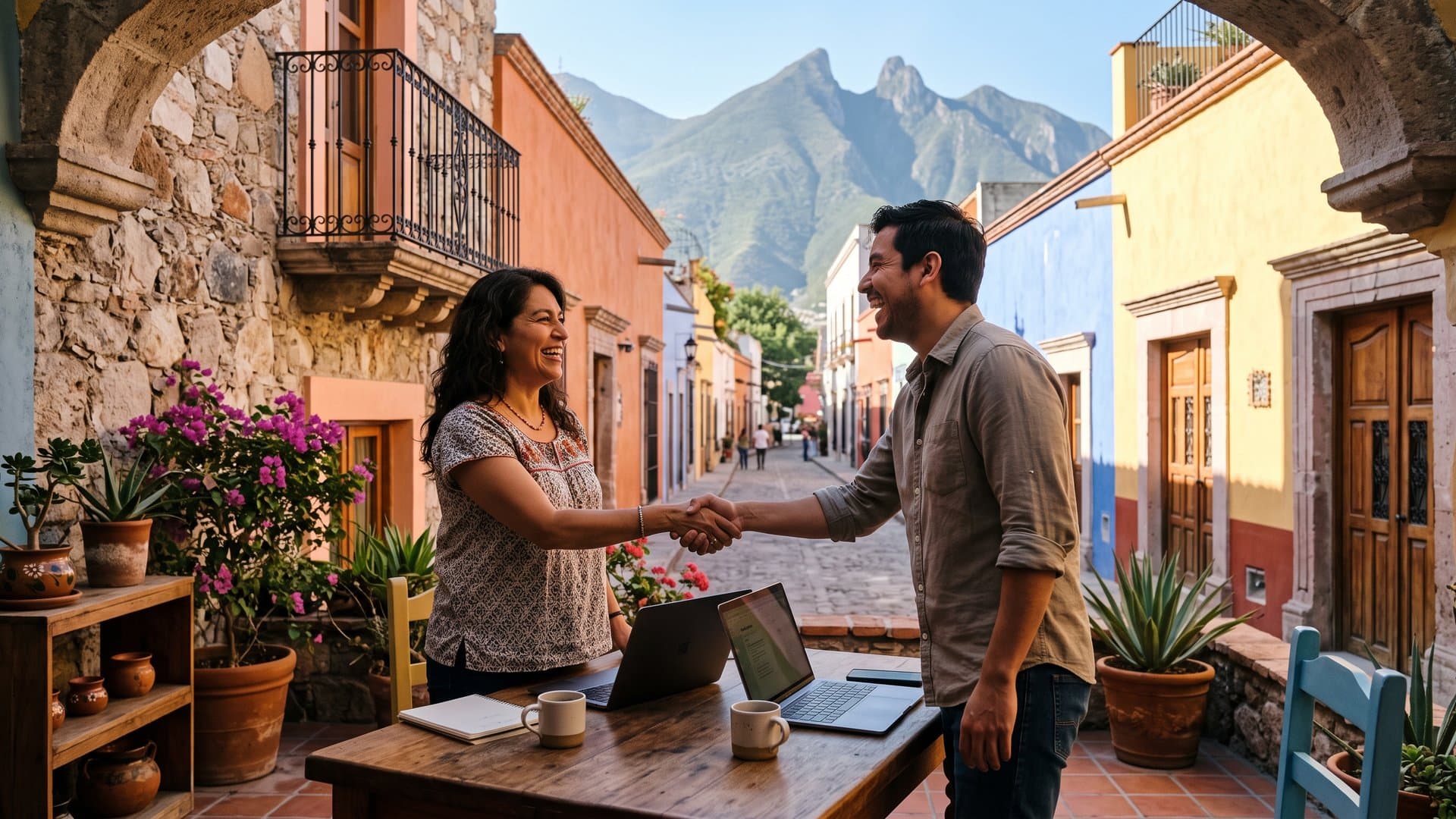 Dos dueños de pequeños negocios se dan la mano en una terraza soleada