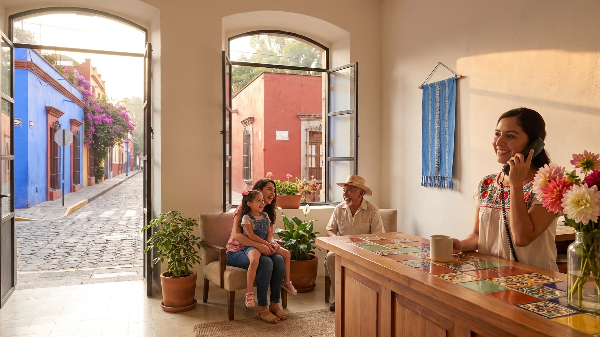 Recepcionista sonriente al teléfono en un consultorio con vista a una calle empedrada de casas de colores en Coyoacán; una mamá con su hija y un señor mayor platican en la sala de espera