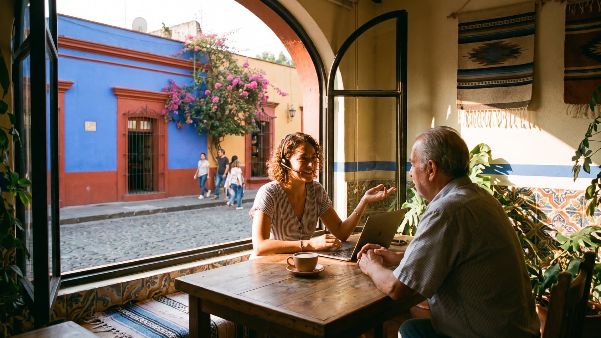 Una persona de soporte con audífonos ayuda a un cliente con una sonrisa
