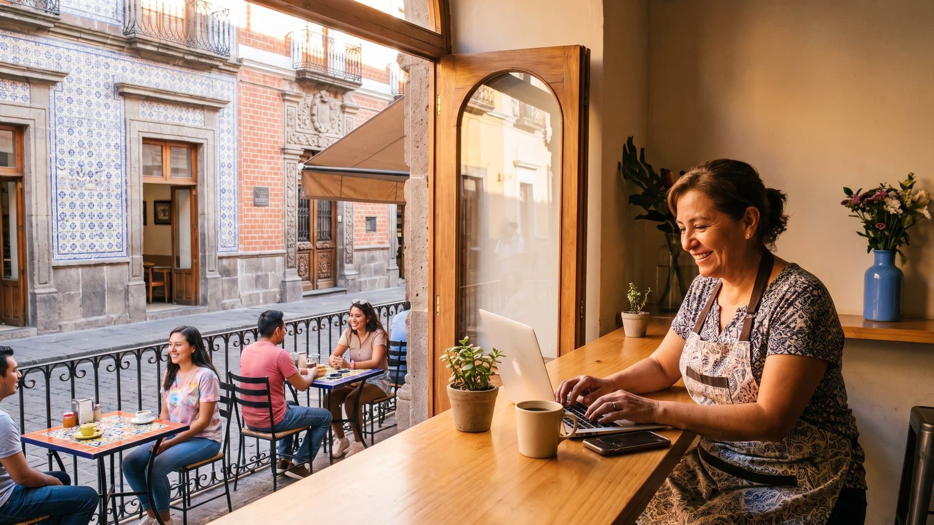 La dueña de una cafetería configura todo en la laptop mientras se ilumina su celular
