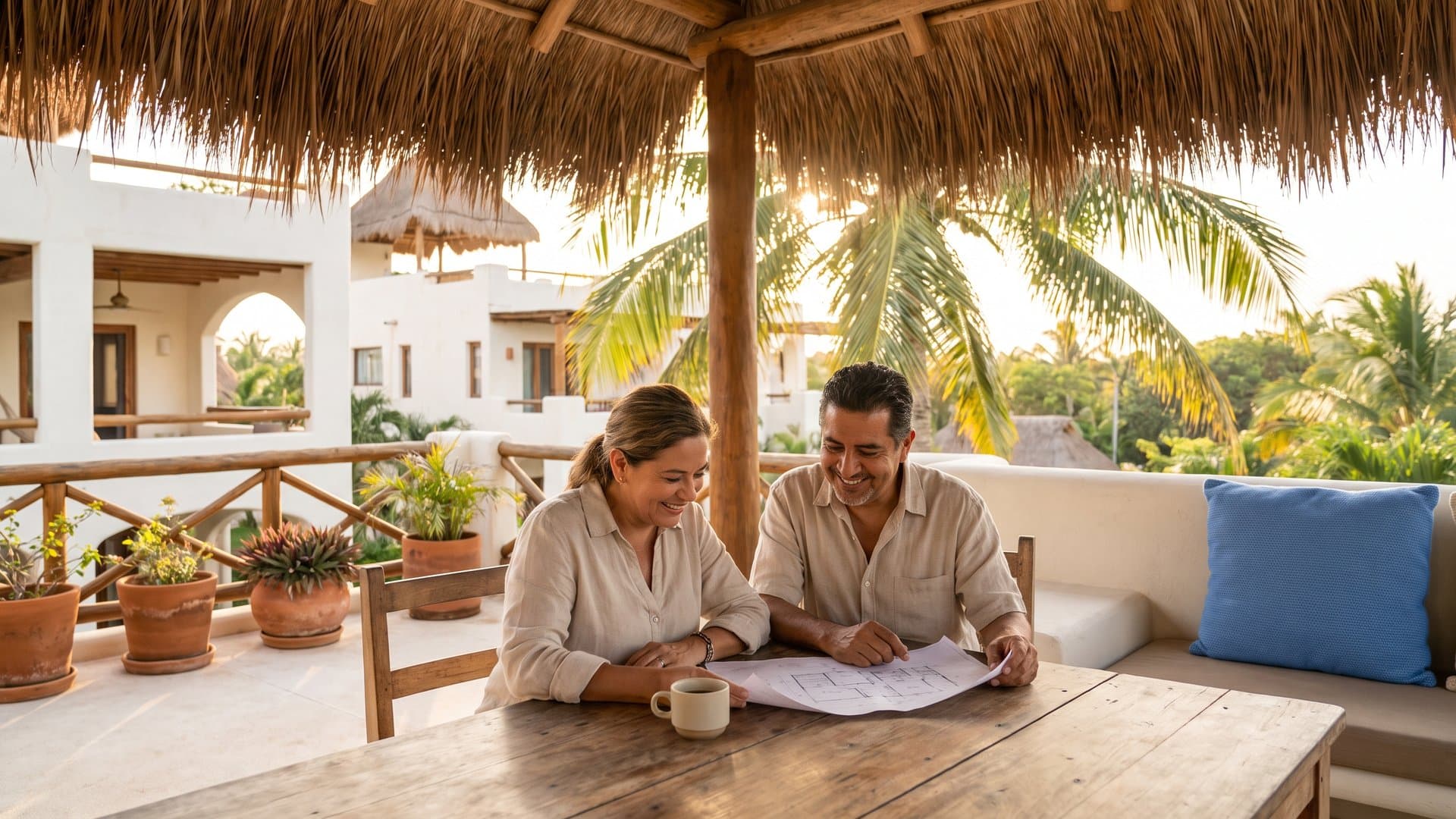 Una pareja que atiende una panadería revisa un plan sencillo con un café en su terraza